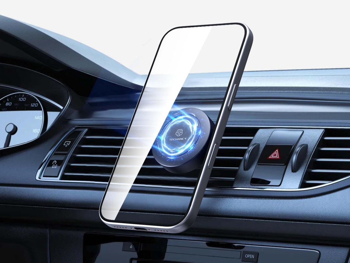 Magnetische Auto-Handyhalterung am Lüftungsgitter mit Smartphone im Fahrzeug